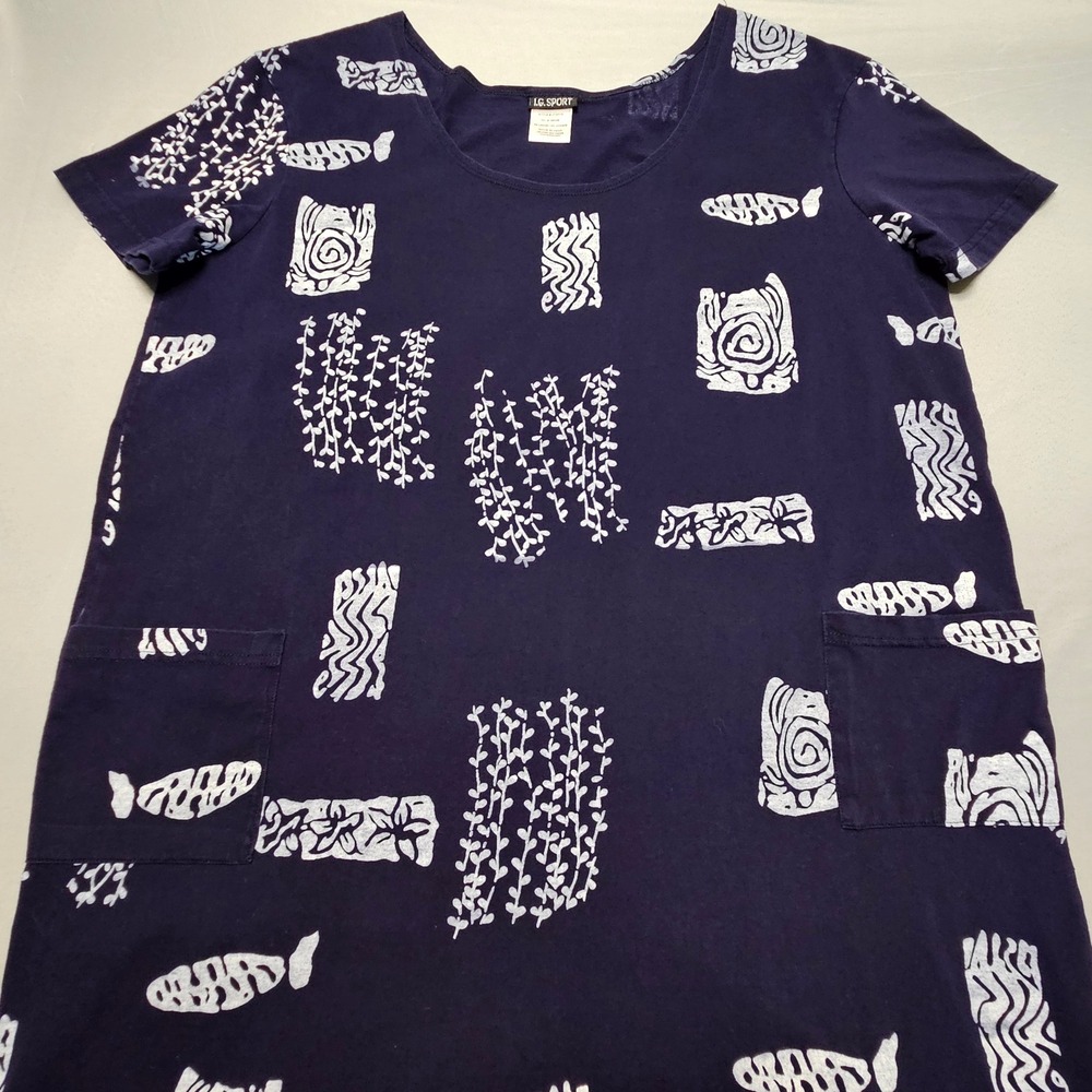 I.G. Sport T-Shirt Dress Womens XXL Navy Blue Abstract Fish Print Cotton Pockets